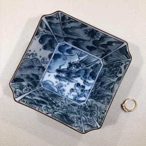 Fitz & Floyd SQUARE PORCELAIN BOWL w/ Hand Painted Sea Dragon Design ~ Blue/White Chinoiserie Trinket/Candy Bowl ~ Kuzan Kiln Japan Pottery