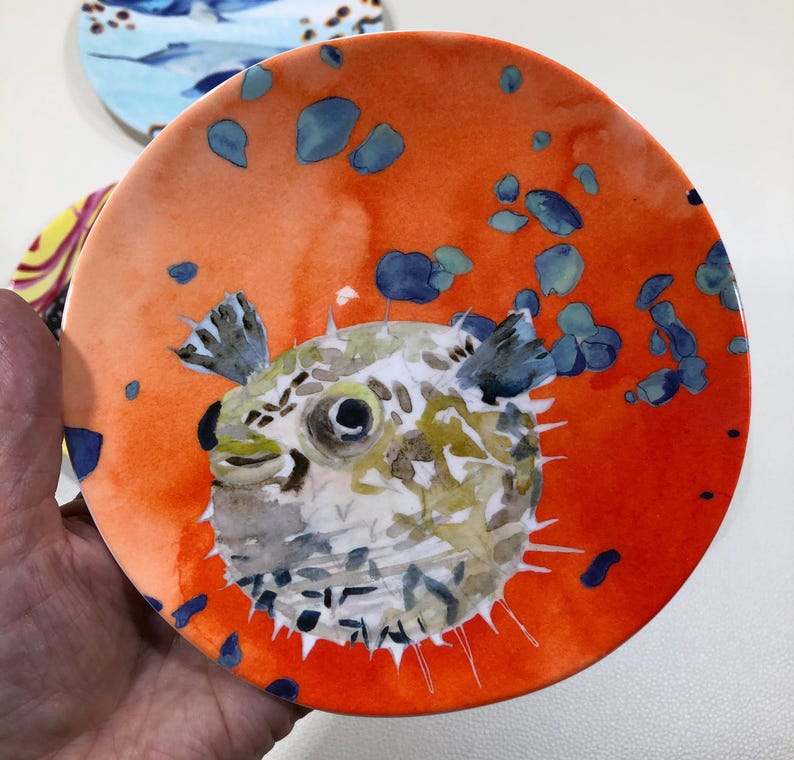 Anthropologie 'Under the Sea' MELAMINE COCKTAIL PLATES 6" Set of 4 ~ Multicolor Beach Ocean Canapé Dishes w/ Pufferfish, Octopus & Whales zdjęcie 5