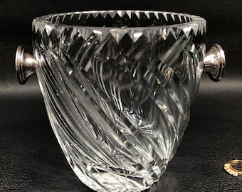 CRYSTAL ICE BUCKET w/ Silver Knob Handles, Made in Spain ~ Hand Cut Crystal Glass w/ Swirls & Starburst Design ~ Vintage Mid-Century Barware