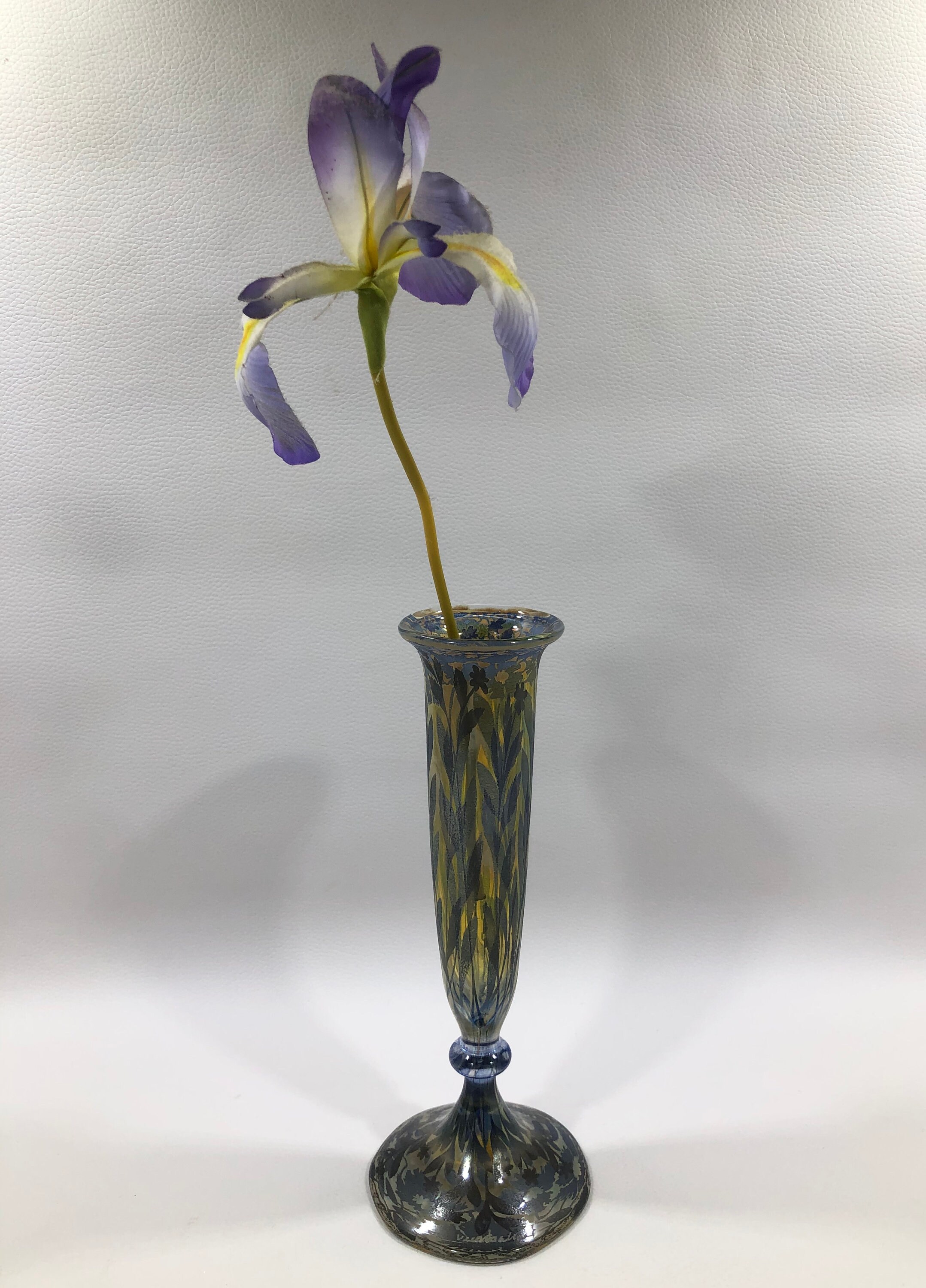 VERA WALTHER Art Glass Bud Vase W/ Hand Painted Flowers