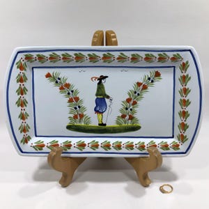 Vintage HENRIOT QUIMPER FRANCE Serving Platter 13&quot; x 7&quot; ~ Hand Painted Tin Glazed Dish w/ Breton Man & Flowers ~ French Faience Pottery