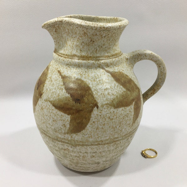 Signed RANDY PEARSALL PITCHER w/ Brown Leaf Motifs 7.5" ~ Hand Thrown Speckled Stoneware Pottery Jug/Vase/Vessel ~ Country Farmhouse Décor