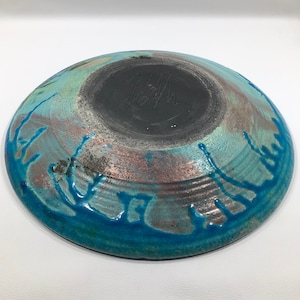 Signed Ocean Teal BLUE RAKU BOWL 13.5&quot; ~ Crackle Glazed Studio Art Pottery w/ Textured Metallic Underside ~ Traditional Japanese Earthenware