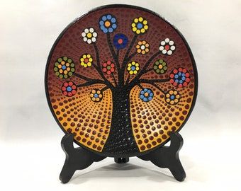 Dot Art TREE Of LIFE BOWL from Belize ~ Decorative Black Art Plate w/ Hand Painted Colorful Flowers ~ Vintage 70's Boho Eclectic Home Décor