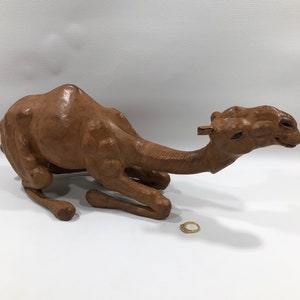 Moroccan LEATHER COVERED CAMEL Kneeling Statue 15&quot; ~ Brown Hand Crafted Animal Art Sculpture -Vintage Mid-Century African Eastern Home Décor