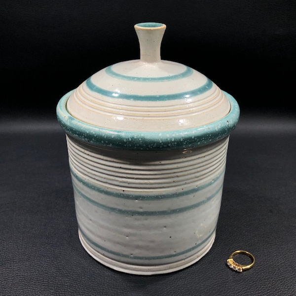 Signed STRIPED STONEWARE CANISTER ~ Creamy White/Turquoise Glazed Lidded Container ~ Farmhouse Kitchen Display Dry Goods Storage Crock Jar