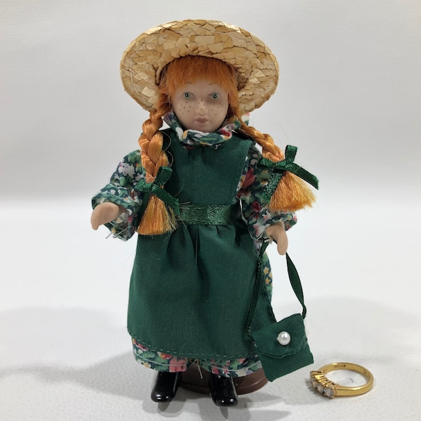 Miniature Porcelain ANNE of GREEN GABLES Doll of the Heritage Collection #10012 ~ Vintage Collectible Bendable Doll w/ Purse, Hat & Stand