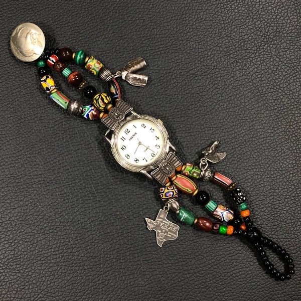 PEYOTE BIRD DESIGNS Southwestern Beaded Arenix Wrist Watch 7.5" ~ 3-Strand Bracelet Band w/ Sterling Silver Charms & Buffalo Nickel Clasp