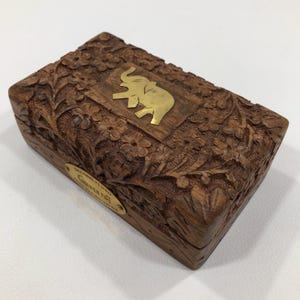 Hand Carved WOODEN TEA BOX w/ Inlaid Brass Elephant 5x3x2 ~ Brown Rectangular Hinged Trinket/Jewelry Keepsake ~ Traditional Indian Folk Art