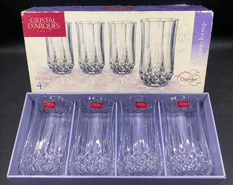 CRISTAL D'ARQUES-DURAND Longchamp 12oz Tumblers Set of 4 ~ Crystal Highball Cocktail Glasses w/ Diamond Pattern ~ Vintage French Glassware