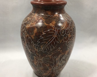 Vintage NICARAGUA/CENTRAL AMERICA Incised Art Pottery Vase ~ Hand Crafted Thrown Red Clay Vessel w/ Etched Grapes, Butterflies & Flowers