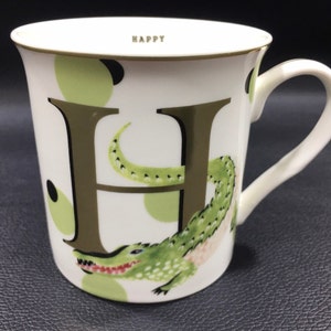 LETTER &quot;H&quot; ALPHABET MUG Gold Edition by Yvonne Ellen London ~ H For Happy Fine Bone China Monogram Cup w/ Crocodile ~ Initial Birthday Gift