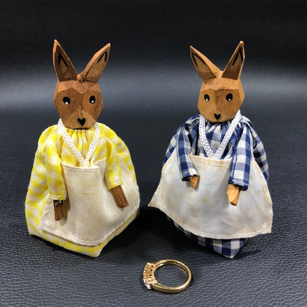 Vintage EASTER BUNNY DOLLS by Erzgebirge/Lotte Sievers Hahn, West Germany ~ Hand Carved Wooden Egg Cozy / Warmer Rabbits in Gingham Dresses
