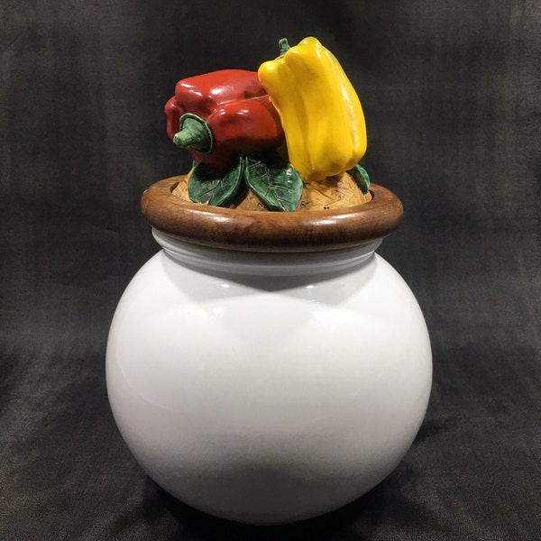 Italian FRUIT LIDDED JAR by Creazioni Artistiche Nadir ~ Vintage Hand Crafted Stoneware Container w/ Wooden Lid ~ Farmhouse Kitchen Display