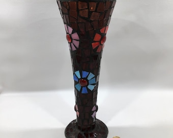 AMBER MOSAIC GLASS Footed Trumpet Vase ~ Golden Brown Stained Glass Fluted Vessel w/ Multicolor Flowers ~ Retro 70's Home Décor **Flaw**