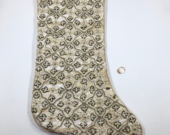 Luxury BEADED CHRISTMAS STOCKING by Tahari 22" ~ Creamy White/Gold w/ Pearl Snowflake Pattern ~ Holiday Mantle Decor Hand Crafted in India