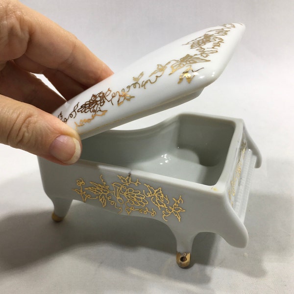 Hand Painted PORCELAIN JEWELRY BOX Signed by I. Knecht ~ Vintage White Glazed Ceramic Piano Shaped Trinket Container w/ Gold Floral Design