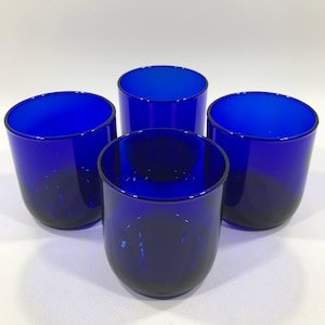 Libbey METROPOLITAN COBALT Flat Juice Tumblers 10oz (Set of 4) ~ Vintage Bold Blue Rounded Bottom Old-Fashioned/Lowball Drinking Glasses