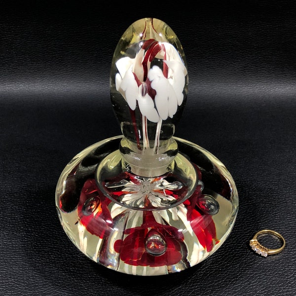 Hand Blown JOE ST. CLAIR Art Glass Perfume Bottle Paperweight ~ Vintage Round Parfum Flacon w/ Controlled Bubbles, Red & White Lily Flowers