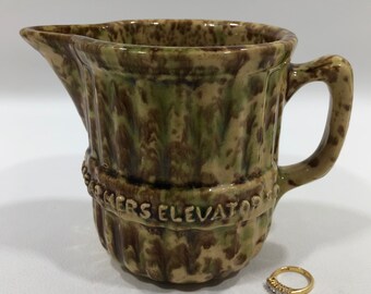 ANTIQUE ADVERTISING PITCHER for Easton Farmers Elevator Co ~ Brown/Green Sponged/Splatter Pottery Yellow Ware Jug ~ Country Farmhouse Décor