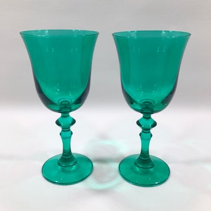 Brilliant AQUA WINE GLASSES Set of 2 ~ Elegant Molded Glass Goblets w/ Sculptural Stem & Flared Bowl ~Chic Contemporary/Retro Modern Barware