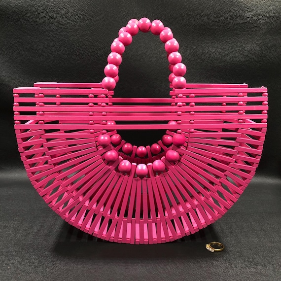 Half Moon PINK BAMBOO BAG w/ Beaded Handles Cult Gaia Inspired