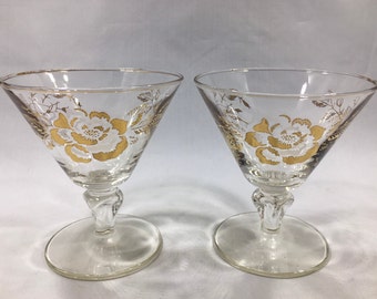 Copas LIBBEY GOLDEN ROSE para champán, cóctel y sorbete con detalles en oro de 22 quilates (2) ~ Artículos de bar vintage de mediados de siglo y estilo moderno.