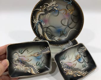 CERAMIC MORIAGE DRAGONWARE (2 Saucers/Plates, 2 Nappy Dishes) ~ Gray/Pastel Blue Eyed Dragon Textured Motifs ~ Japanese Lithopane Serve Ware