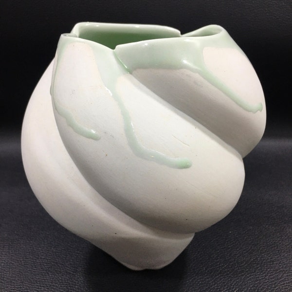 Signed SWIRLED POTTERY VASE w/ Interior Celadon Green Glaze by Shaun Craig ~ Matte White Clay Hand Built Curvy Vessel ~ Contemporary Decor