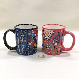 Colorful TURKISH CERAMIC MUGS Set of 2 'His & Hers' ~Red/Blue/Black Glazed Iznik Pottery Coffee/Tea Cups w/ Hand Painted Raised Floral Decor