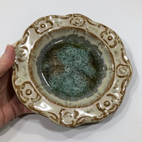 DOWN TO EARTH Crackled Glass Geode Trinket/Jewelry Dish ~ Handmade Studio Art Pottery Ceramic & Fused Glass Tray in Beige, Brown and Green