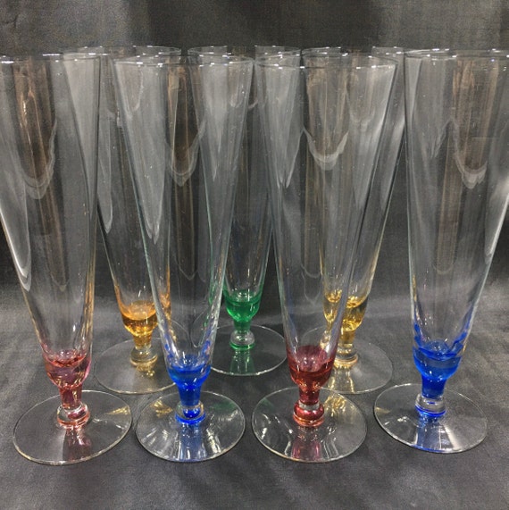 Vintage STEMMED PILSNER GLASSES Set of 7 Tall Fluted Draft Beer