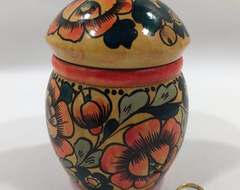 Vintage Russian KHOKHLOMA MUSHROOM POT 5" ~ Hand Painted Wooden Tea Caddy Storage Canister w/ Flower Motifs ~ Handcrafted Lacquerware Box