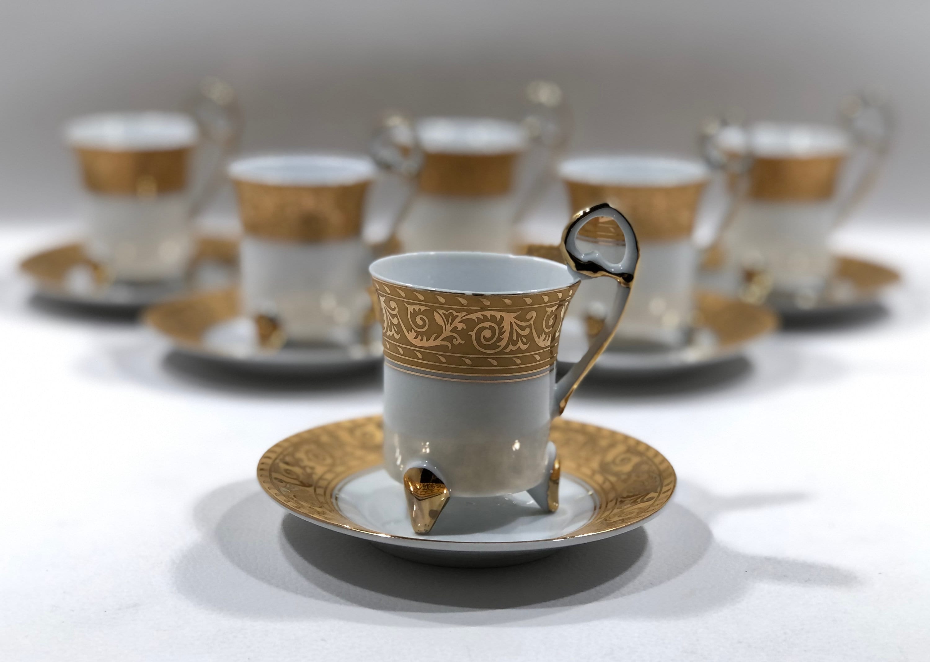 Elegant Turkish Coffee Cup Set with Metal Stand | 19 Pcs Colorful Coffee Cups with Leaf Design Handles and Saucers | 6Arabic, Greek Coffee Cups | Set