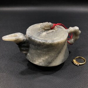 Miniature Chinese CARVED JADE TEAPOT 5" ~ Variegated Natural Hand Crafted Gray Stone Teakettle ~ Vintage Asian Kung Fu Decorative Folk Art