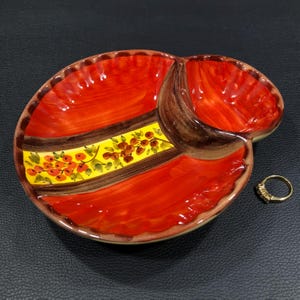 Hand Painted Atalier Du Sage OLIVE SERVING DISH 7&quot;~ Red/Yellow/Brown Divided Ceramic Condiment Bowl ~ French Provençal Kitchen Serve Ware