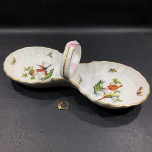 HEREND HUNGARY Rothschild Bird 2-Part Relish Dish w/ Center Handle ~ Double-Shell Porcelain Dish w/ Hand Painted Birds, Flowers & Insects