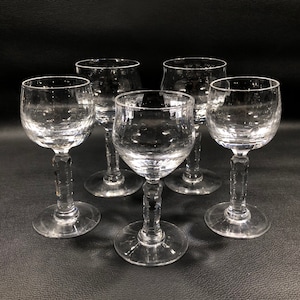 Bohemian Czech CLEAR CRYSTAL GOBLETS Set of 5 ~ Wine/Aperitif/Liqueur Cordial Glasses w/ Faceted Notched Stems ~ Antique/Vintage Stemware
