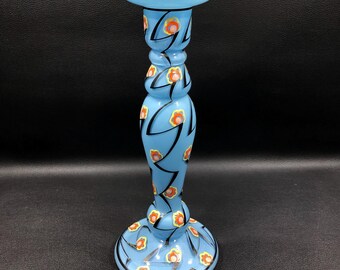 Hand Blown Blue Cased GLASS CANDLESTICK HOLDER 10.5" ~ Enamel Hand Painted Hooped Opaline Glass Taper Candle Holder ~ European Art Glass