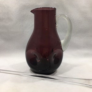 Hand Blown AMETHYST GLASS PITCHER w/ Clear Stirrer 9" ~ Dimpled Purple Art Glass Jug w/ Clear Handle ~ Vintage Retro Collectible Glassware