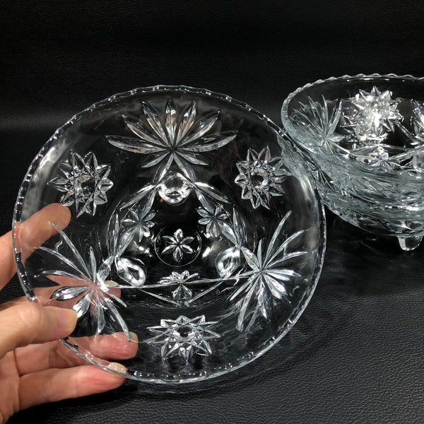 ANCHOR HOCKING EAPG Prescut Clear 3-Toe Bon Bon Bowls w/ Scalloped Rim (3) ~ Star of David & Fan Embossed Footed Glass Candy Dessert Dishes