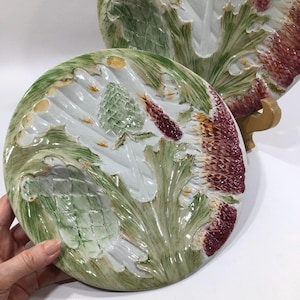 Antique/Vintage ARTICHOKE & ASPARAGUS PLATES (2) ~ Hand Painted Art Nouveau Barbotine Majolica Dishes ~ French Provençal Faience Pottery