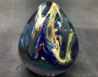 Signed RHYTHMS ART GLASS Studio Egg Paperweight ~ Rare Blown Glass Sculpture w/ Swirl Inserts ~ Vintage Linda Westrom Canada Collectible Art