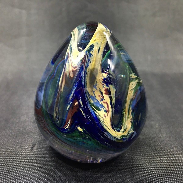 Signed RHYTHMS ART GLASS Studio Egg Paperweight ~ Rare Blown Glass Sculpture w/ Swirl Inserts ~ Vintage Linda Westrom Canada Collectible Art