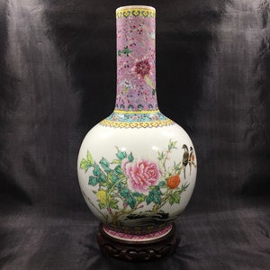 Vintage CHINESE FAMILLE ROSE Bottle Vase 14&quot; Jingdezhen zhi Marked ~ Enameled White Porcelain Vessel w/ Poem, Cantonese Peonies & Birds