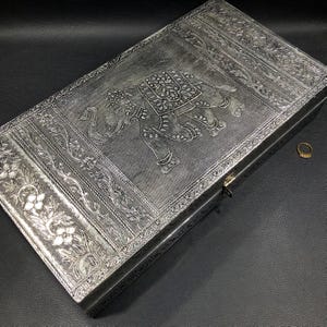 Vintage Rajasthani SILVER JEWELRY BOX Embossed w/ Elephant & Flowers ~ Handcrafted Ornately Hammered White Metal Wooden Vanity Display Case