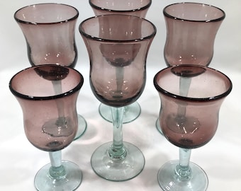 Hand Blown WATER/WINE GOBLETS (Sets of 4 Tall, 2 Short or All 6) ~ Amethyst/Plum & Aqua Stemmed Drinking Glasses ~ Vintage Mexican Glassware