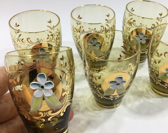 Czech MOSER BOHEMIAN Amber Shot Glasses Set of 6 ~ Liqueur Shooters w/ Applied Enameled Flowers & Gold Gilt ~ Antique Glassware/Barware
