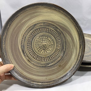 Saint John's Pottery EARTHENWARE DINNER PLATES (3) by Master Potter Richard Bresnahan ~ Wheel Thrown Porcelain Inlaid w/ Basswood Ash Glaze