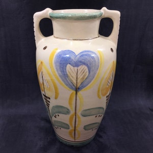 Vintage Arabia Finland Style SCANDINAVIAN FAIENCE VASE w/ Handles ~ Glazed Mid-Century Stoneware Studio Pottery Urn w/ Hand Painted Tulips